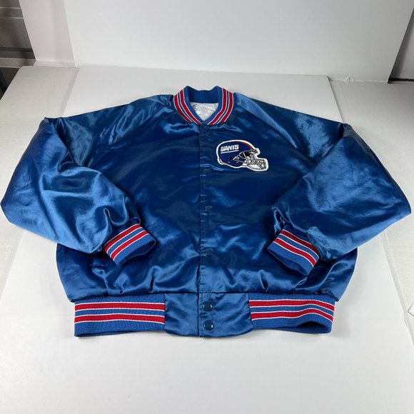 VTG 90s Chalkline NFL New York Giants Satin Jacket Adult Medium Blue Button Snap - Picture 1 of 13